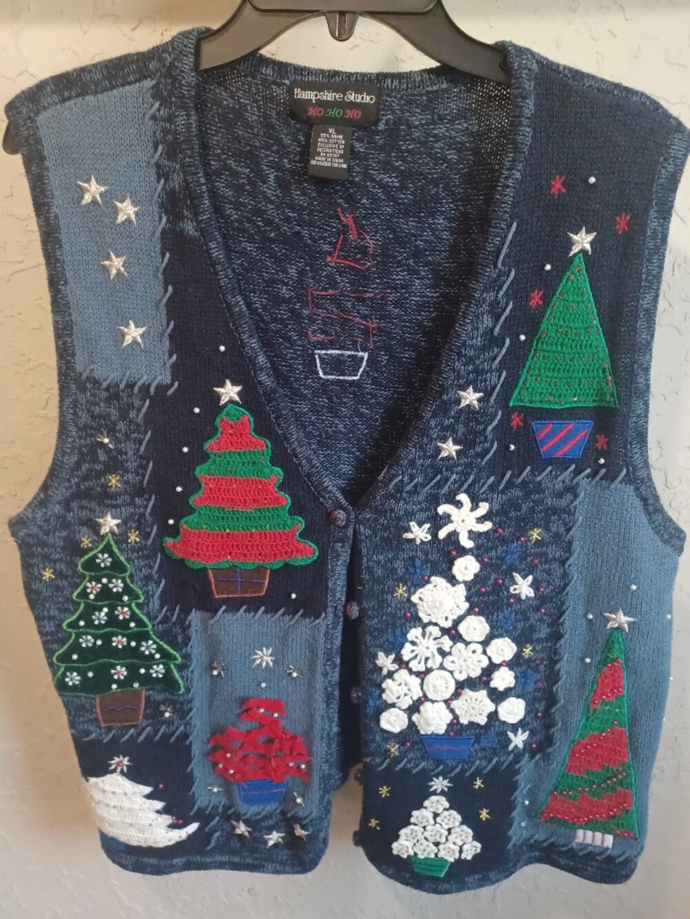 Vintage Hampshire Studio Christmas Sweater Vest XL Blue HO HO HO Trees